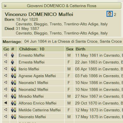 Births of the 10 children of Vincenzo Domenico Maffei