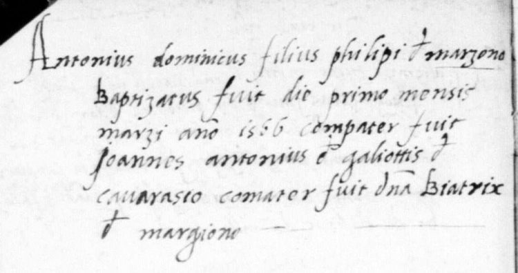 1566 Baptismal record for Antonio Domenico Frieri of Marazzone.