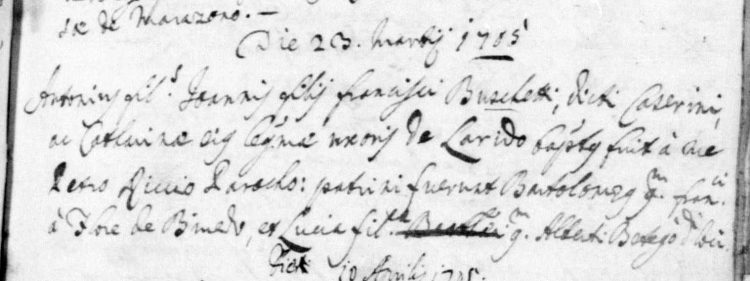 1705 Baptismal record for Antonio Buschetti, soprannome 'Caserini'