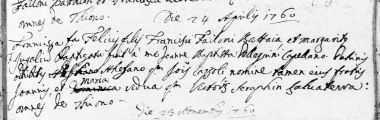 1760 baptismal record for Francesca Failoni of Tione di Trento.