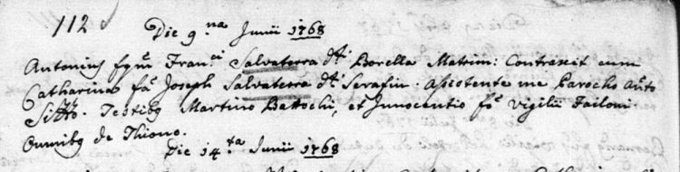 1768 marriage record from Tione di Trento. 