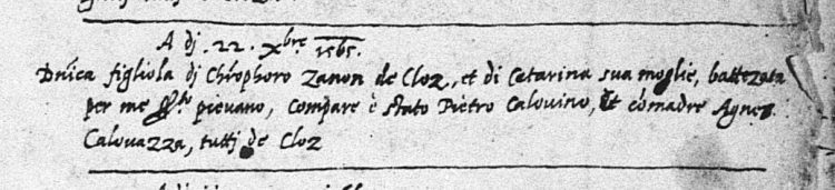 1565 baptismal record of Domenica Zanoni of Cloz, Trentino.