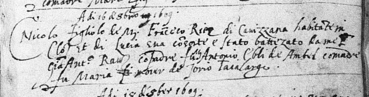 1609 baptismal record of Nicolo' Rizzi of Cloz.