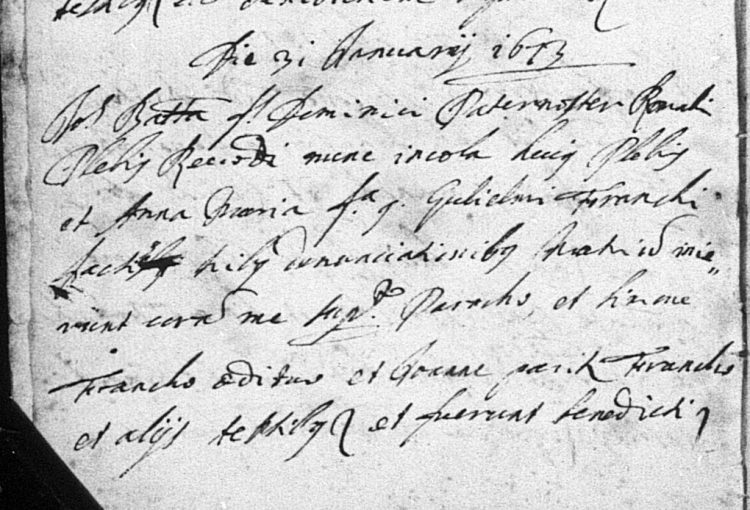 1673 marriage record of Giovanni Battista Paternoster of Romallo and Anna Maria Franch of Cloz