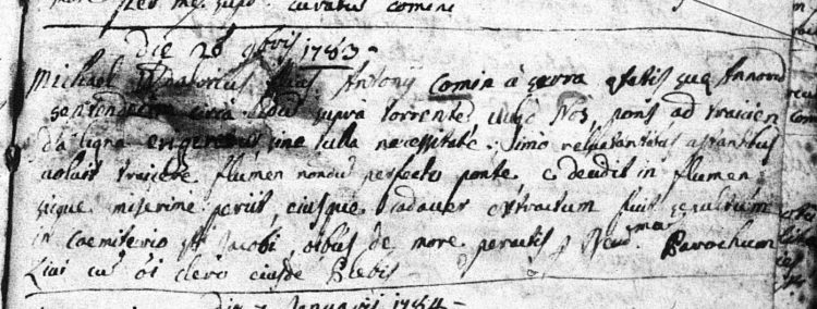 1783. Death record of Michele Udalrico Comini a Serra, who drowned at age 17.