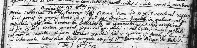 1799. Death record of Maria Cattarina Comini de Sera, who was strangled in her own home.