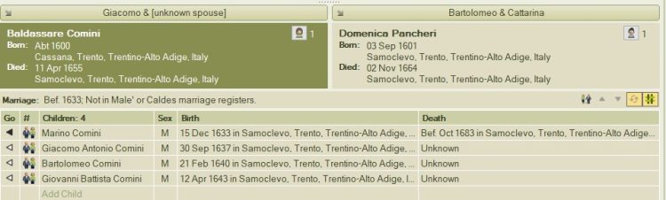 Screenshot of family of Baldassare Comini of Cassana, taken from a family tree I have constructed using Family Tree Maker software.