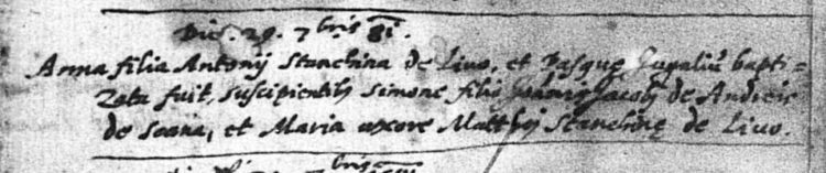 1581 baptismal record for Anna Stanchina, daughter of Antonio Stanchina of Livo and his wife Pasqua.