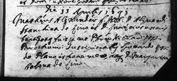1691 baptismal record for the noble Matteo Alessandro Stanchina of Livo.