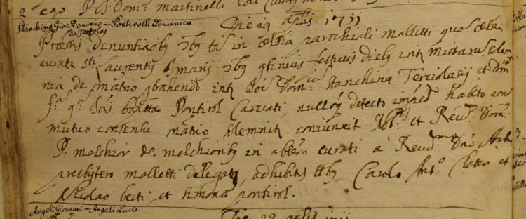 1711 marriage record for Giovanni Domenico Stanchina and Domenica Pontirolli of Carciato (parish of Dimaro, Trentino)