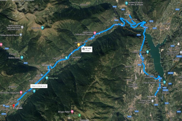 Terrain map from Google Maps showing of journey (by car) from Tassullo, to Livo, Terzolas, and Carciato.