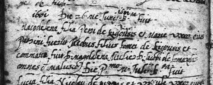 1601 baptismal record for Maddalena Rigos, where surname is spelled 'Rigousis'