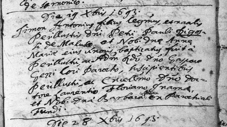 Baptismal record of the noble Simone Antonio Rigos, born in Malosco 19 December 1693 (Sarnonico parish register).