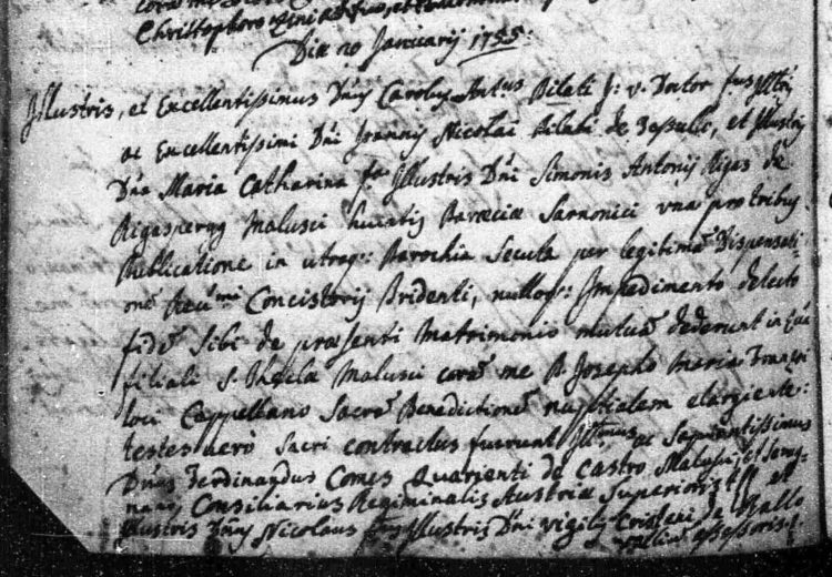 1755 marriage record of the noble Carlo Antonio Pilati of Tassullo and the noble Maria Cattarina Rigos of Malosco (Sarnonico parish register).