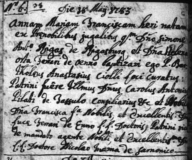 1783 baptismal record of Anna Maria Francesca Rigos of Malosco, whose father Simone Antonio had died one month earlier.
