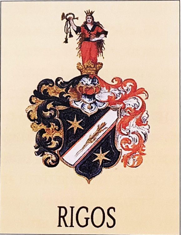 Enhances stemma (coat-of-arms) of the Rigos de Rigasburg of Malosco, after 1634.