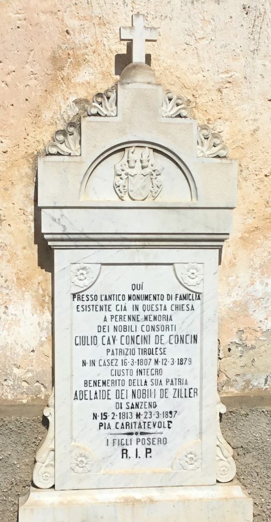 Commemorative stone to Adelaide Ziller and her husband Giulio de Concini in Casez, Trentino. Photo taken in 2019 by Mike Girardi; used with permission.