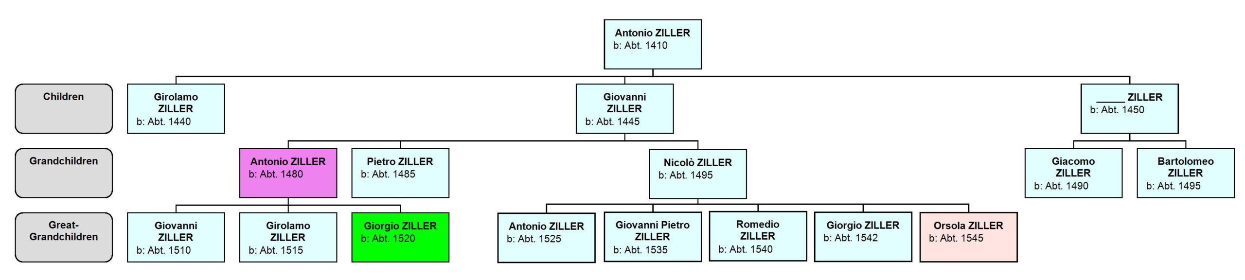 Descendant chart (3 generations) of Antonio Ziller, notary of Seio.