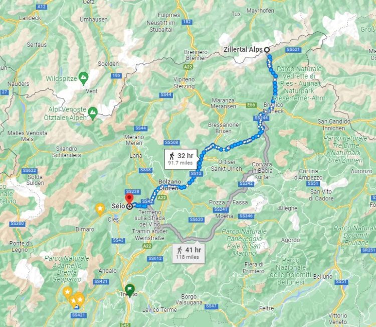MAP of Zillertal Alps to Seio in Val di Non, Trentino