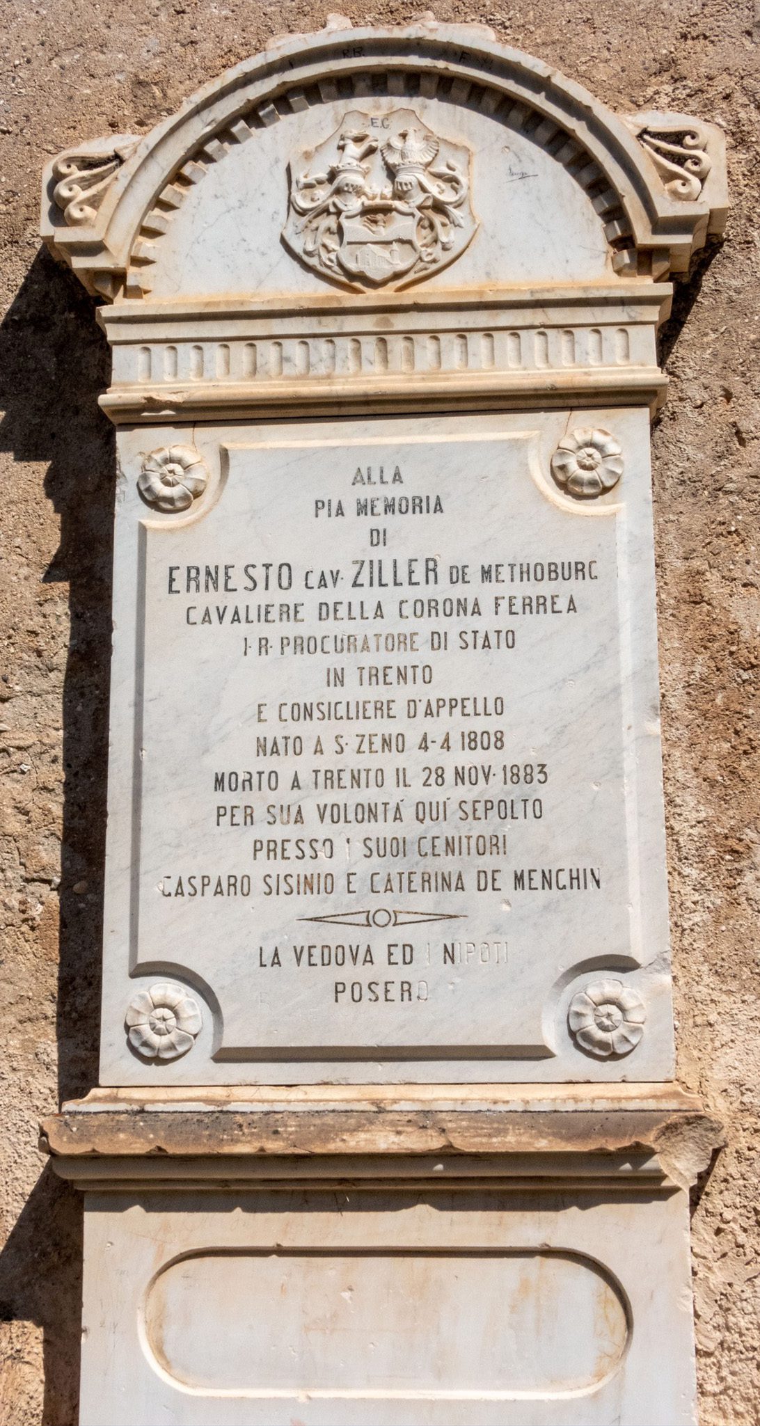 Photo of commemorative stone in Sanzeno for Ernesto Ziller di Methoburg, taken in 2022 by Dr Ferdinand Manfred Ziller. Used with permission.