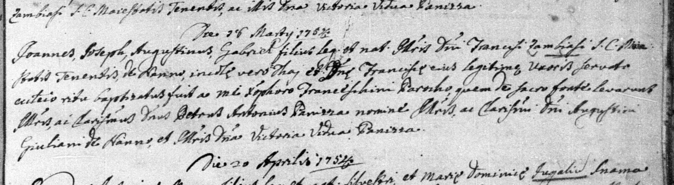 1754 baptismal record of Giovanni Giuseppe Agostino Gabriele Zambiasi of Taio, later known as 'Joseph Bellomo'.