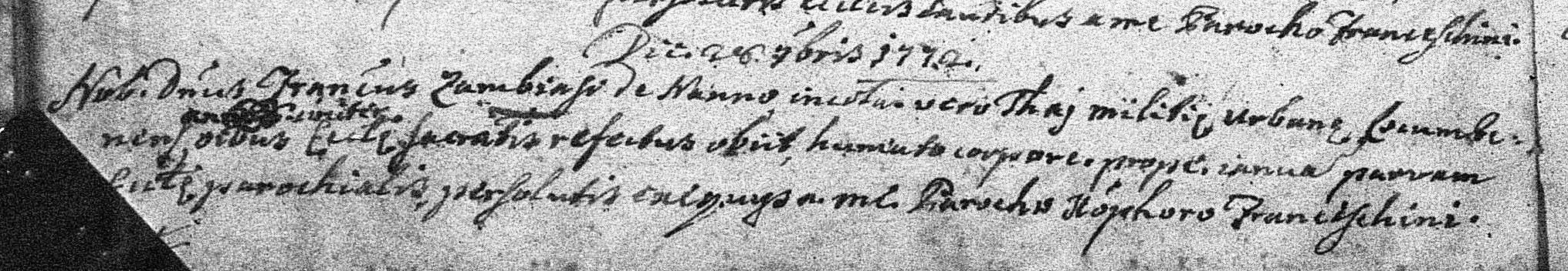 1772 death record of the noble Francesco Zambiasi of Nanno, living in Taio