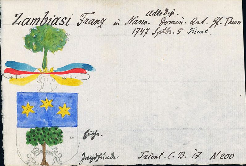 1747 stemma (coat-of-arms) granted to Francesco Zambiasi of Nanno by Prince-Bishop Domenico Antonio Thun.