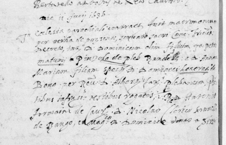 1636 marriage record of Domenico Maturi of Pinzolo and anna Maria Onorati of Bono (Santa Croce del Bleggio).