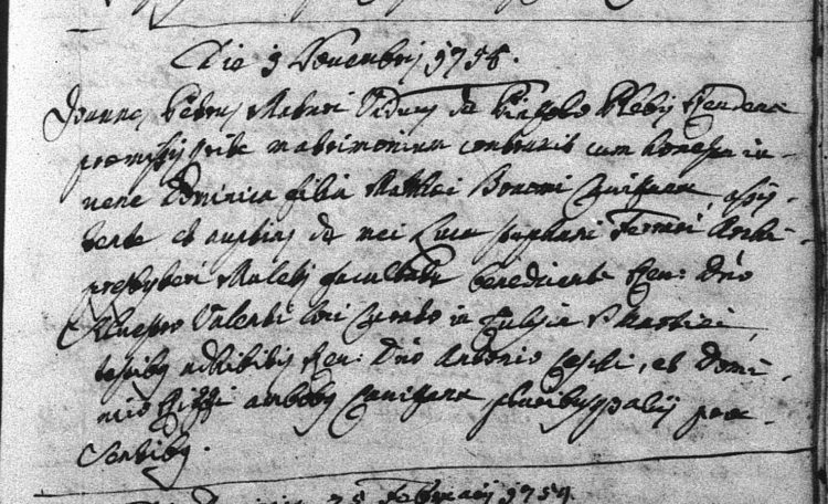 1758 marriage record of Giovanni Pietro Maturi of Pinzolo and Domenica Bonomi of Cavizzana.