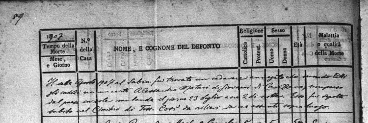 1907 death record for Alessandro Maturi of Cavizzana, who drowned at the age of 21.