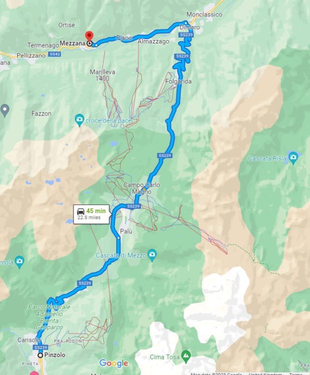 Map of distance between Pinzolo (Val Rendena) to Mezzana (Val di Sole). Google maps.