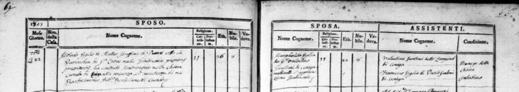 1803 marriage record from the parish of Dro' (Trentino), for Alberto Serafini of Duvredo, and Margherita Giuliani of Ceniga.