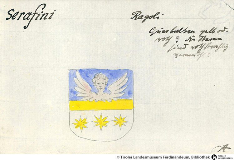 Stemma (coat-of-arms) of Serafini of Ragoli, drawn by Karl Ausserer, conserved in the State Archives in Innsbruck. 