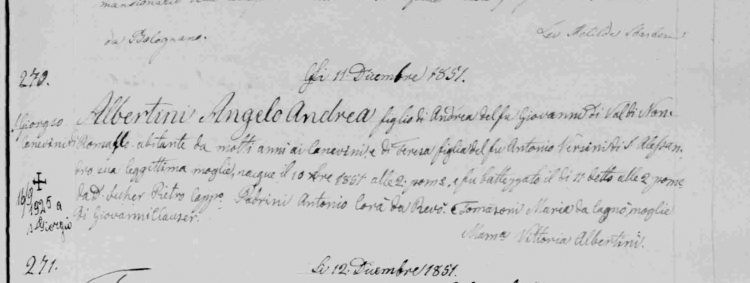 1851 baptismal record for Angelo Andrea Albertini of Arco.