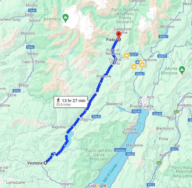 Map showing route between Vestone (Brescia) and Fisto (Val Rendena, Trentino)
