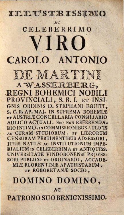 Ser Carlo Antonio de Martini de Wasserberg, patron of 1778 work, Dissertatio de natura animae humanae by Giovanni Battista Albertini.