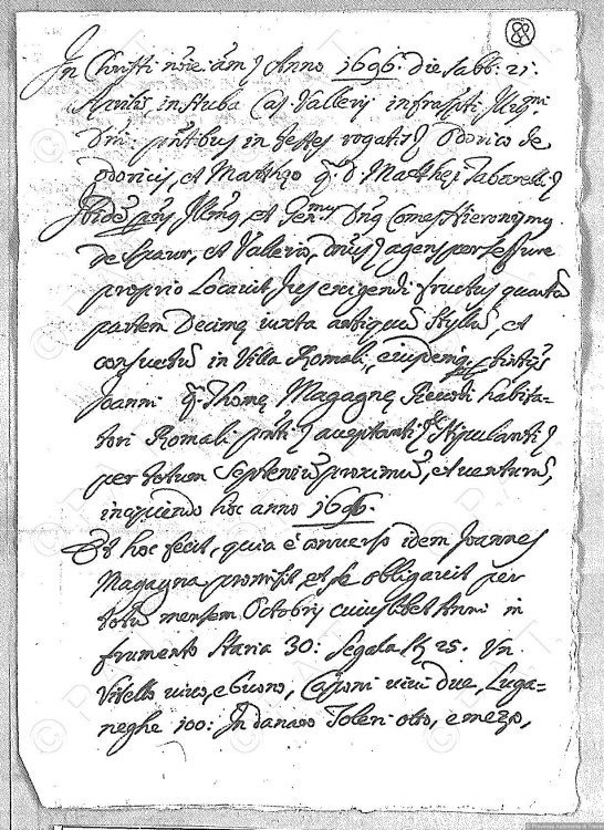 1696 parchment granting Giovanni Magagna a portion of the Decima for Romallo.
